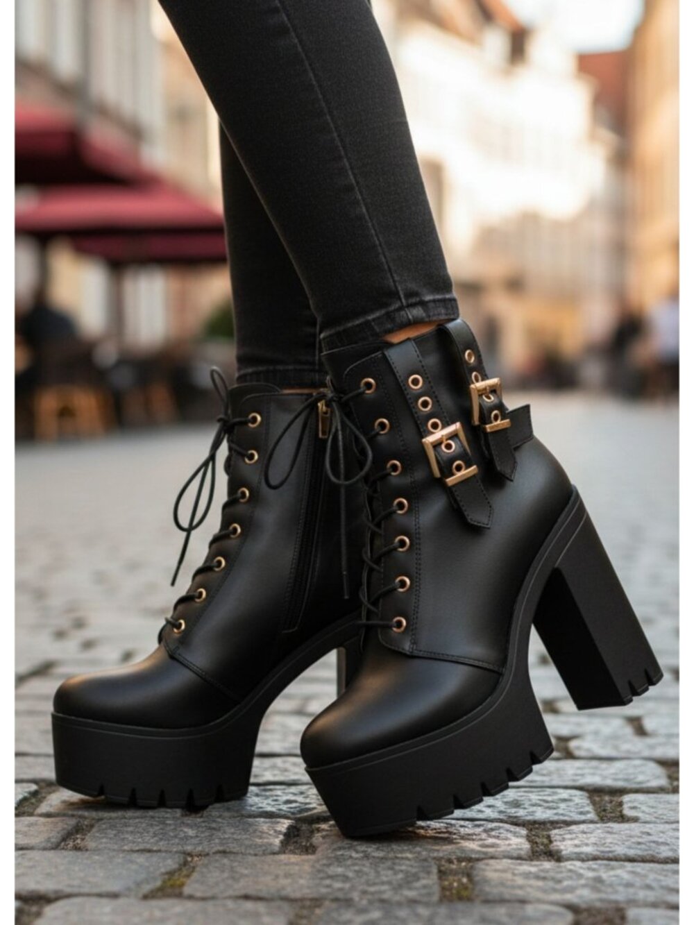 Black Platform Lace-Up Chunky Heel Ankle Boots With Side Zipper & Gold Buckle De